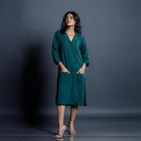 Teal Whispers Handwoven Kala cotton Shirt Dress S žalsvai žalsvos spalvos
