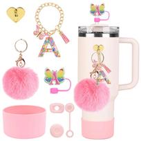8pcs Accessories Set for Stanley Cup Initials Silicone Straw Cover and Boot Cute Letter Charms for 40oz 30oz Tumbler with Handle