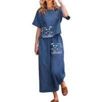 2 Pcs/Set Women T-shirt Pants Set Dandelion Print Elastic Waist Short Sleeves O Neck Wide Leg Daily Wear Deep Crotch Casual Soft Women Summer M tamsiai mėlyna spalva