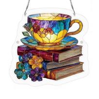 Floral Tea Cup And Book Suncatcher, Stained Glass Effect Window Hanging Ornament, DIY Acrylic Sun Catcher Puzzle Kit for Garden Home Decor, Gifts for A