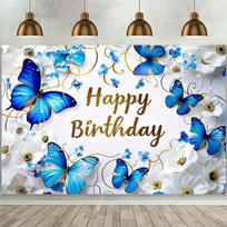2D Butterfly Happy Birthday Backdrop, Blue & Gold Floral Banner, Kids Birthday Party Photography Decor 47.2x31.5inch/120*80cm