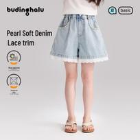 Pudding Haru Girls' Lace Pearl A-Line Denim Shorts 140 šviesiai mėlyna spalva