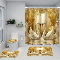 Luxurious Golden Swans and Curtains Bathroom Set - Waterproof Shower Curtain, Toilet Lid Cover, Bath Mat, and Contour Mat zjl-250320000060