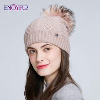Winter Fur Pompom Hats for Women Cashmere Wool Knit Beanie Hat Soft Warm Double Layer Skull Beanie Real Fur Bobble Hat
