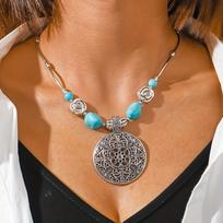 1PC Retro Bohemian Natural Turquoise Hollow Out Carved Pendant Women's Daily Leisure Vacation Necklace Festival Gift Jewelry sidabras