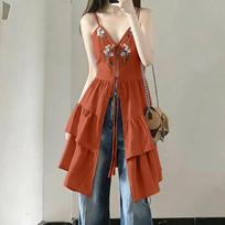 ZANZEA Women Lace-Up V-Neck Sleeveless Floral Pint Camisoles Slip Tops M oranžinė/raudona