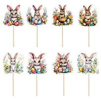 8 Styles Easter Day Cake Toppers Bunny Themed Cupcake Picks Cute Food Rabbit Colorful Cake Insert Sign Decorations For Party