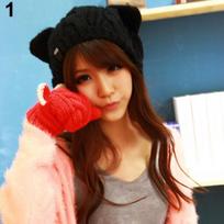 Women's Winter Knit Crochet Braided Cat Ears Beret Beanie Ski Knitted Hat Cap juoda