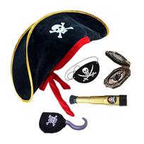 Pirate Outfit with Handheld Telescope and Directional Compass Skull Print Hat Ornament for Kids Halloween Party Supplies