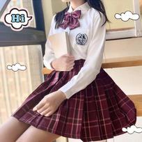 3 vnt Moteriškos anime mokyklinės uniformos rinkinys Vyno raudoni klostuoti sijonai Vasariniai JK marškinėliai ilgomis rankovėmis striukė su mini languoto sijono kostiumu XS