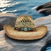Rhinestone Cowboy Hat Straw Sun Hat for Women Men Beach Vintage Western Cowgirl Party Summer Festival Country Music Headwear 58/59 žalia