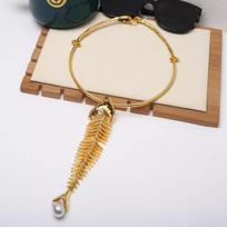 Rhinestone Big Fish Bone Pendant Choker Necklace Novelty Design Fish Bone Neck Chain  For Women auksas