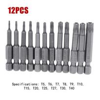 12Pcs/Set 50mm Torx Screwdriver Bit T5-T40 1/4Inch Hex Shank Electric Screw Driver Bit Set with Hole Alloy Steel Torx Bits