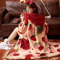 Kawaii Flannel Winter Kimono Pajamas Strawberry Cute Home Wear Women's Pajamas Warm Bathrobe Cartoon Hooded Robe M