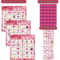 Valentine Bingo Game Set for Party Activities Includes 24 Double Deck Cards 420 Chips and 27 Caller Chips for Family and Classroom Fun One Size
