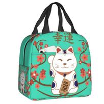 Cute Maneki Neko Waving Insulated Lunch Tote Bag for Women Japanese Lucky Cat Resuable Thermal Cooler Bento Box Camping Travel S įvairiaspalvis