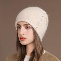 New Winter Hat Real Rabbit Fur Winter Hats for Women Fashion Warm Beanie Hats Women Solid Adult Cover Head Cap 55-59cm smėlis