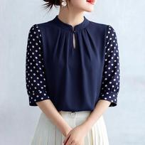 ZANZEA Women Casual Polka Dot Print Splice 3/4 Sleeve Loose Crew Neck Blouse S tamsiai mėlyna
