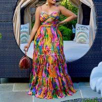 Off Shoulder Elegant Sling Plus Size Dress Women Sexy Printing Fashion Backless Beach Mixi Dress Female Party Fashion Hollow Out Vacation Vestidos L geltona