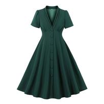 GMXIA Retro Sexy V-neck High-waisted Single-breasted Elegant Slim Dress S tamsiai žalia spalva