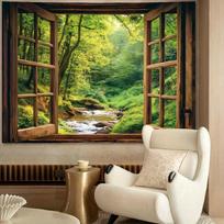 Miško Upelio Langas Sieninė Danga Gamta Sienų Menas Dekoras Atpalaiduojantis Vaizdingas Vaizdas Namų Svetainės Miegamojo Fonas 2D Plokščias Spaudinys 74x94cm(29x37in)