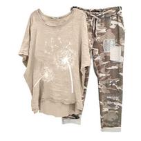 2 Pcs/Set Women T-shirt Pants Set Dandelion Printing Round Neck Half Sleeves Camouflage Print Vintage Daily Wear Casual Elastic Waist Sports Outfit 5XL