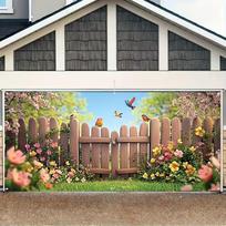 2D Cartoon Bird & Floral Fence Backdrop, Nature Spring Scene Garage Door Cover for Birthday Party Decoration 47.2x31.5inch/120*80cm