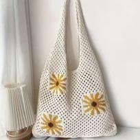 Trendy Retro Crochet Tote Bag Flowers Pattern Large Capacity Beach Knitting Bag Simple Eco-Friendly Hollow Shoulder Bag Daily balta