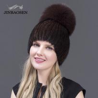 Double Warm Real Natural Mink Fur Hat Women Mix Color Silver Fox Fur Female Winter Hat Double Pompoms Luxury Hat