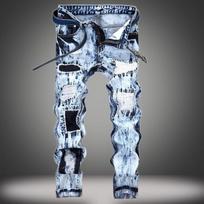 Men's Fashion Pleated Jeans Pants Ripped Multi-pocket Motorcycle Straight Male Patchwork Trousers Casual Men Elastic Hole Denim Pants 30 mėlyna