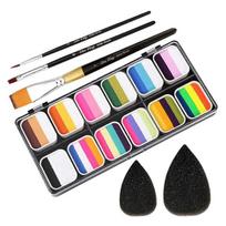 Face Paint Kit 1-stroke 12 Split Cake Palette,water Activated Body Paint Set With 3 Brushes 2 Spong