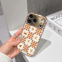 LS Phone Case For iPhone 17 16 15 14 13 12 11 Pro Max 16E Gold Electroplated glass shell  Coastal Checkerboard Cover IPHONE11PRO