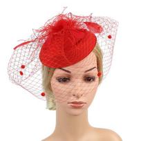 Plaukų lanko dizainas Sweet Fascinator skrybėlė Rankų darbo kilnios vienspalvės dirbtinės plunksnos tinklelio dekoro nuotakos galvos apdangalas plaukų aksesuarai raudona