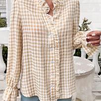 Fungus Edge Stand Collar Plaid Long-sleeved Shirt Women Spring Summer Casual Loose Single-breasted Female Versatile Shirt Tops S chaki