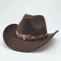 Vintage Longhorn Bull Skull Cowboy Hat, Western Felt Fedora with Rivet Belt for Men Women kava
