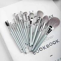 14-Piece Personal Makeup Brush Set Silver-Grey With Leather Pu Case Soft Smooth A2