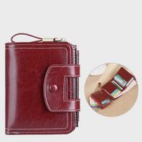 Women's Short Wallet RFID Anti-Theft Multifunctional Coin Purse,Compact Portable,Snap Closure,with Multiple Card Slots&Key Ring vyno raudonos spalvos