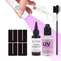 UV priaugintų plaukų rinkinys: 30g Greitai stingstantys klijai + 30ml Valiklis ir Akių apsaugos | Vandeniui atsparūs, nepastebimi sukibimai | Pilna sistema salonui ir namams A set