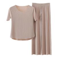 Ice Silk Pajamas Set for Women 2 Piece Short Sleeve Crewneck T Shirts And Long Pants Pjs Sleepwear Summer Soft Loungewear Set L chaki