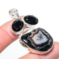 Natural Agate Geode Slice, Spinel 925 Sterling Silver Jewelry Pendant 2.13  AP-14505