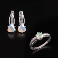 Retas spalis Birthstone Natūralus opalas Žiedas Auskarai Papuošalų rinkinys 925 sidabras moterims ir merginoms gimtadienio ir banketų dovanoms US RING SIZE:9# balta