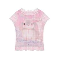Moterų mielas triušio printas su raukiniais kraštais trumpomis rankovėmis T-shirt Kawaii rožinis kasdienis viršus OneSize rožinė