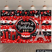 2D Ladybug Birthday Backdrop, Paris Eiffel Tower Banner, Red Black Happy Birthday Party Decor 47.2x31.5inch/120*80cm