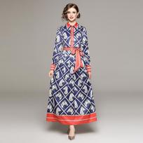 Fashion Designer Runway Bow Tie Belt Shirt Dress Women Full Sleeve Turn Down Collar Animal Print Colorblock Long Maxi Dresses M mėlyna