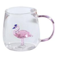 Rankų darbo stiklinis puodelis, gyvūno, augalo formos, skaidrus vandens puodelis, mielas kavos, pieno, gėrimų puodelis su spalvinga rankena Flamingo