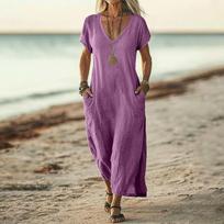 Women's Fashionable Loose-Fit V-Neck Long-Length Pocket Casual Dress L violetinė