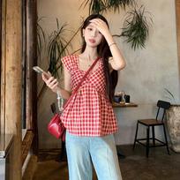 Summer 2026 Red Plaid Flutter Sleeve Square Neck Slimming Blouse for Women S (Recommended for 80-95 lbs)
