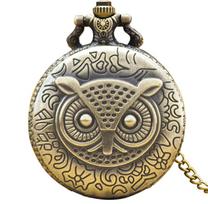 Vintage Bronze Owl Necklace Quartz Pocket Watch Clock Chain for Men Women bronza