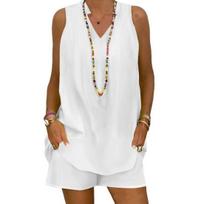 2 Pcs/Set Women T-shirt Shorts Set Loose V Neck Sleeveless Stand Collar Solid Color Elastic Waist Pockets Casual Soft Lady Summer Homewear Sport Set S balta