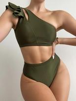 Bikinis Vienspalvis Seksualus Moteriškas Dalinis Maudymosi Kostiumas Vieno Peties Tuščiaviduris Dviejų Dalių Rinkinys S tamsiai žalia spalva